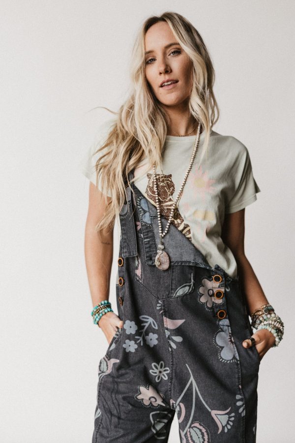 High Hopes Slouchy Pocket Denim Overalls - Black Artsy Floral Online now - Image 2