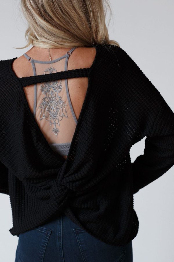 The Nest Flattering Open Back Thermal Knit Top - Black Online now